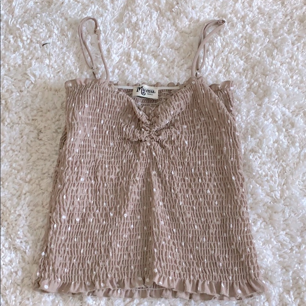 Ruched spaghetti strap tank.